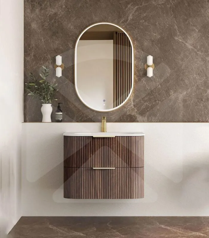 Havana 750mm Curved Wall Hung Vanity – Fluted Sable Walnut with Solid Surface Basin