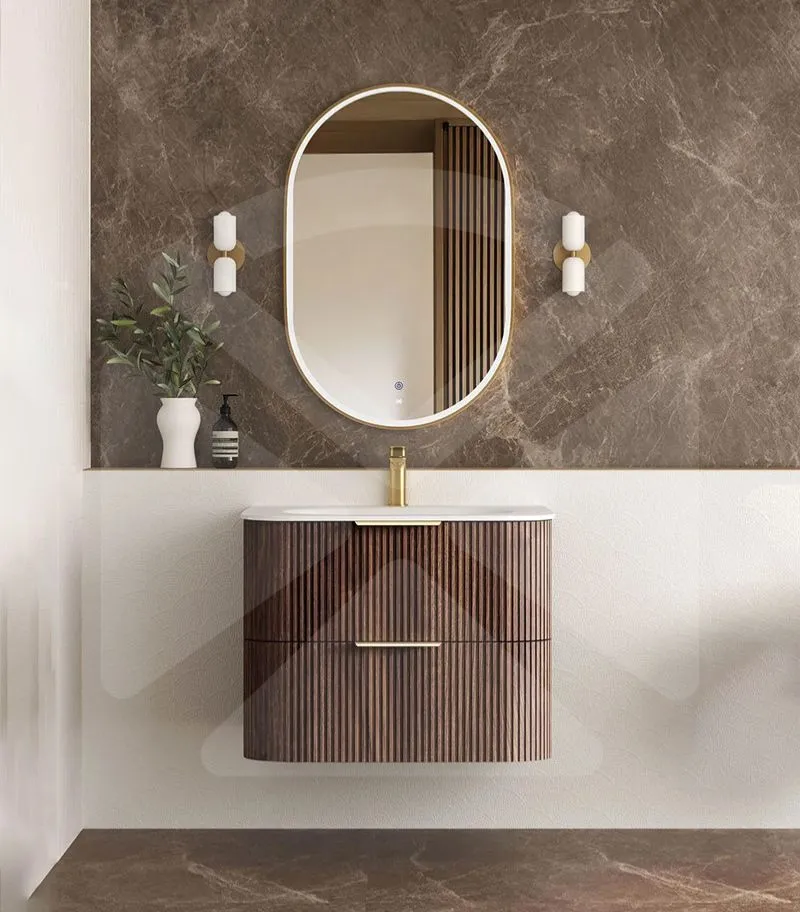 Havana 750mm Curved Wall Hung Vanity – Fluted Sable Walnut with Solid Surface Basin