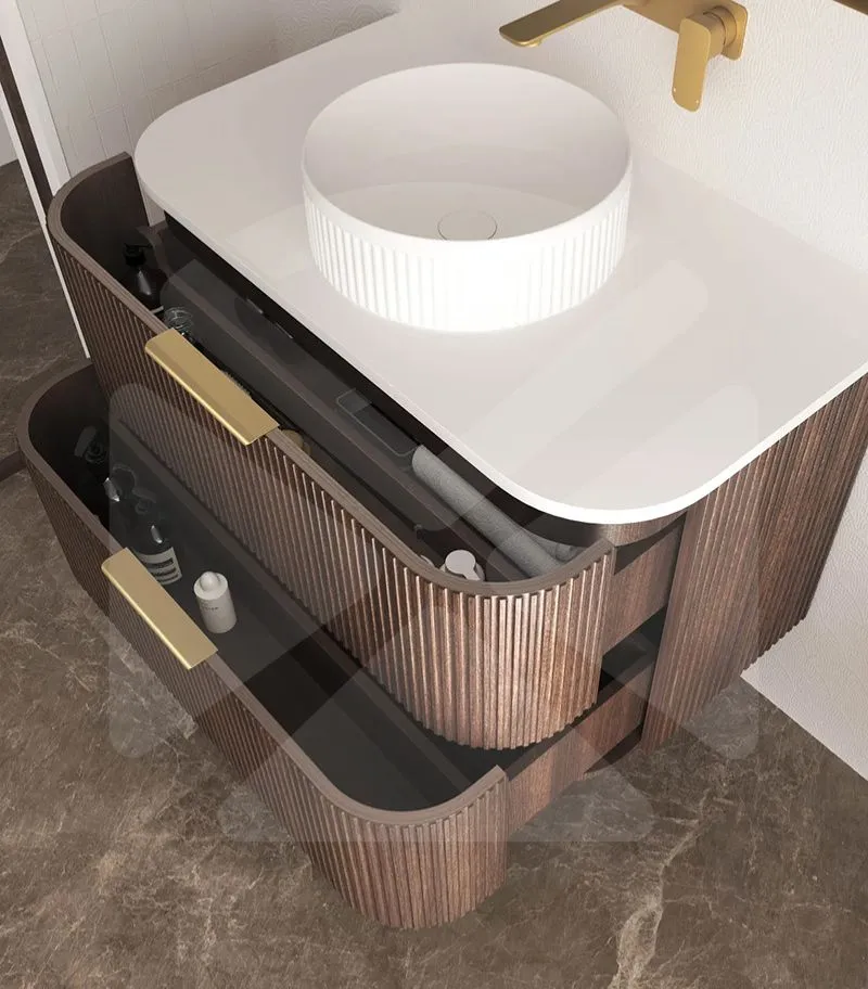 Havana 750mm Curved Wall Hung Vanity – Fluted Sable Walnut Side View