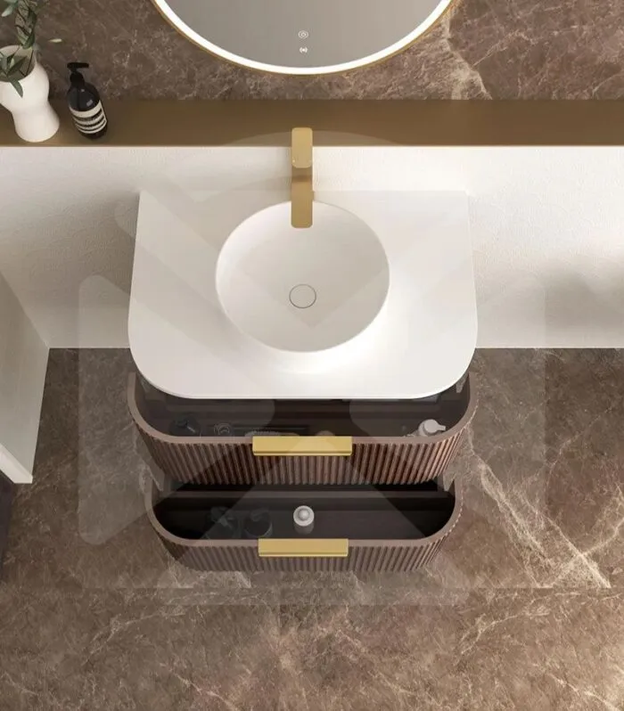 Havana 750mm Curved Wall Hung Vanity – Fluted Sable Walnut Top View