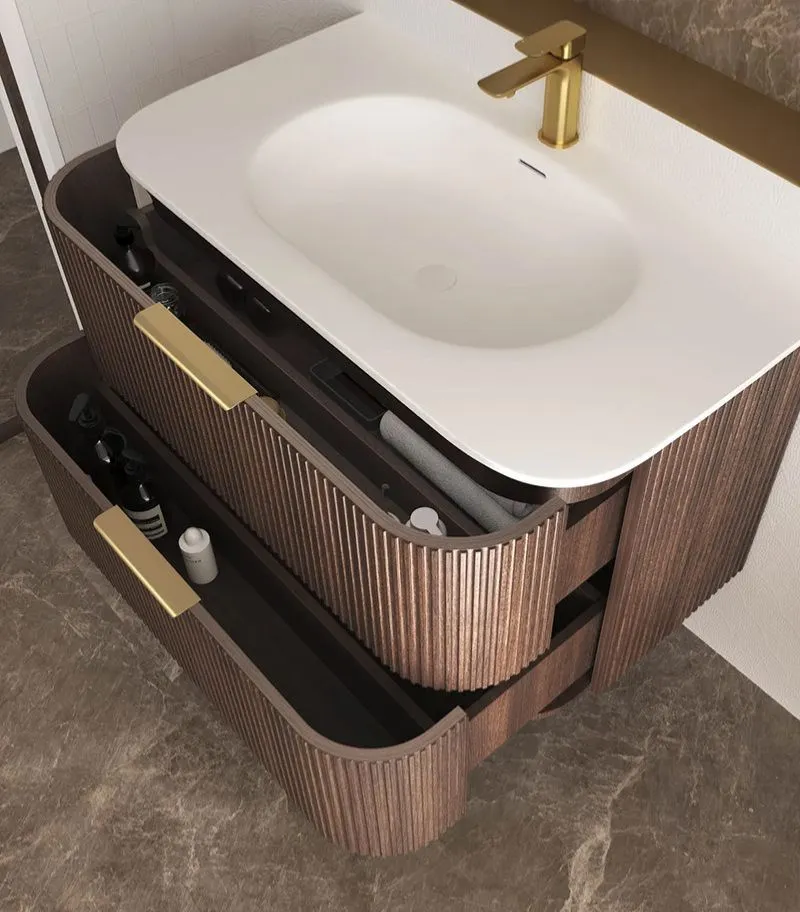 Havana 900mm Curved Wall Hung Vanity – Fluted Sable Walnut Side View