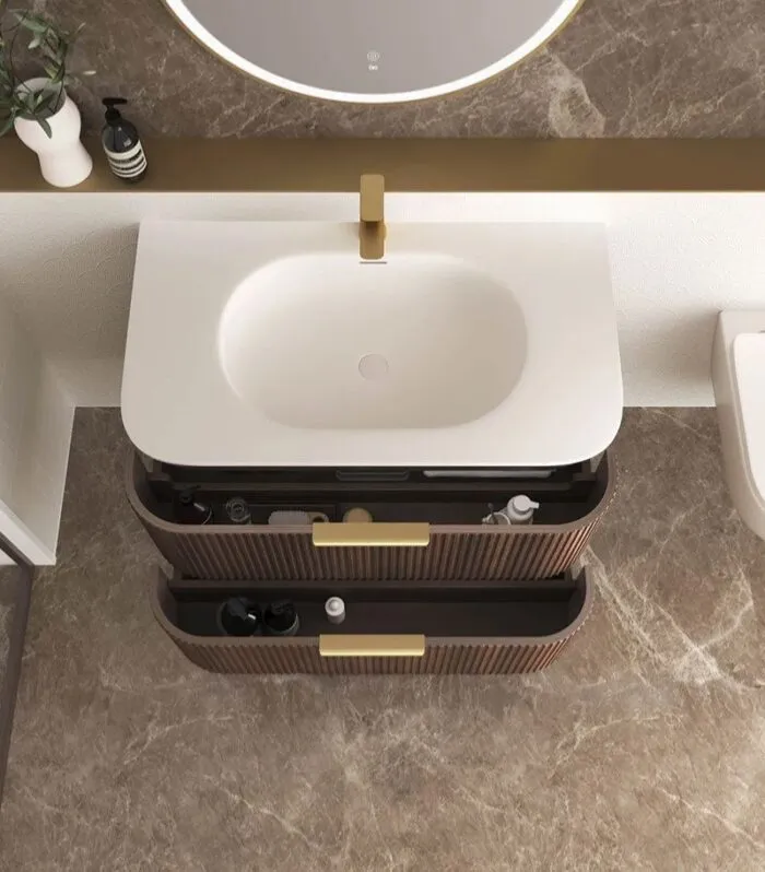 Havana 900mm Curved Wall Hung Vanity – Fluted Sable Walnut Top View
