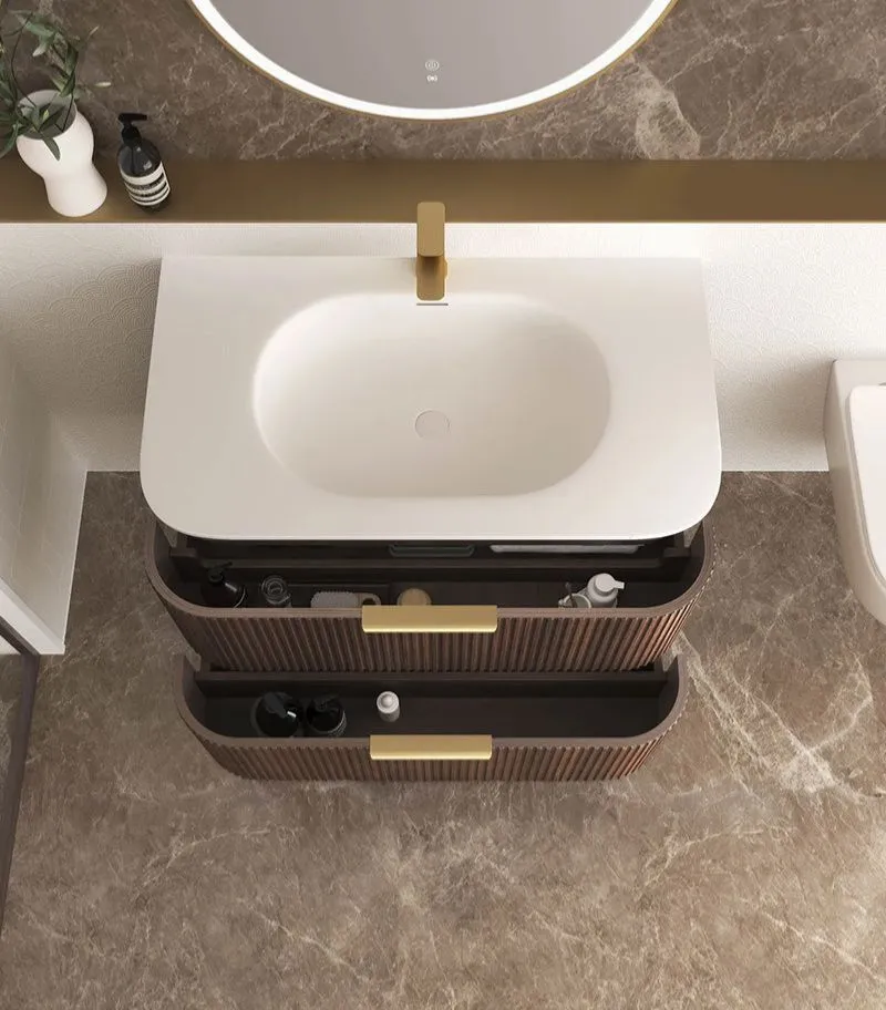 Havana 900mm Curved Wall Hung Vanity – Fluted Sable Walnut Top View