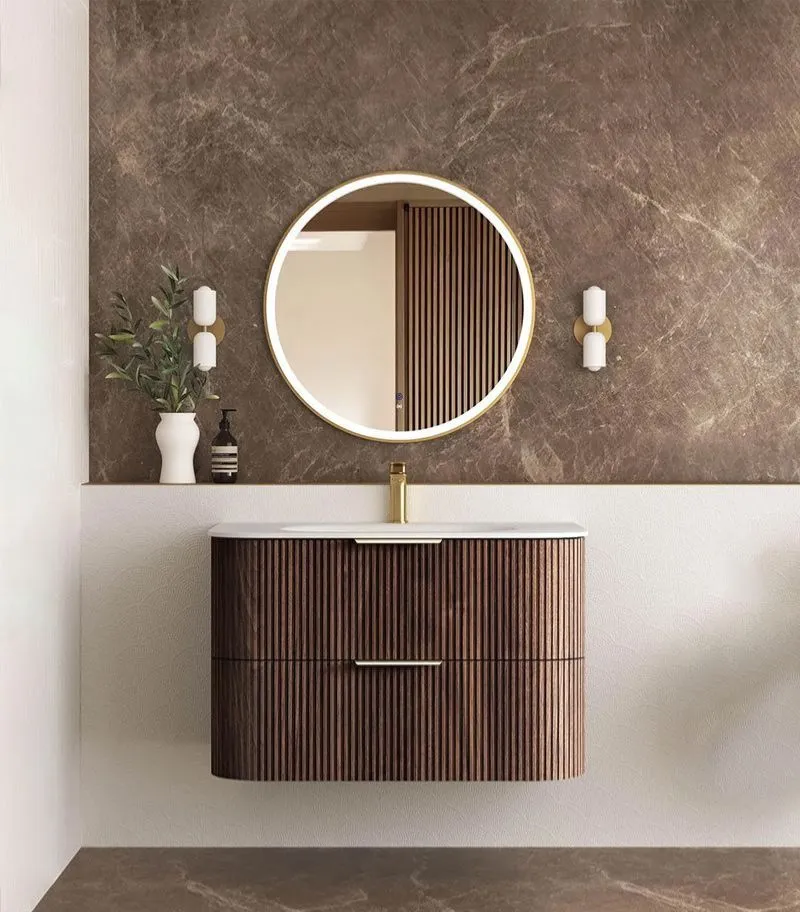 Havana 900mm Curved Wall Hung Vanity – Fluted Sable Walnut with Solid Surface Basin