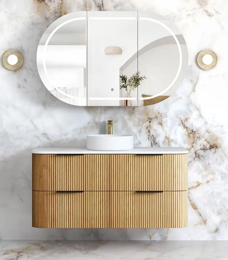 Havana 1200mm Plywood Wall Hung Vanity – Fluted Woodland Oak with Solid Surface Stone Top - Pure White