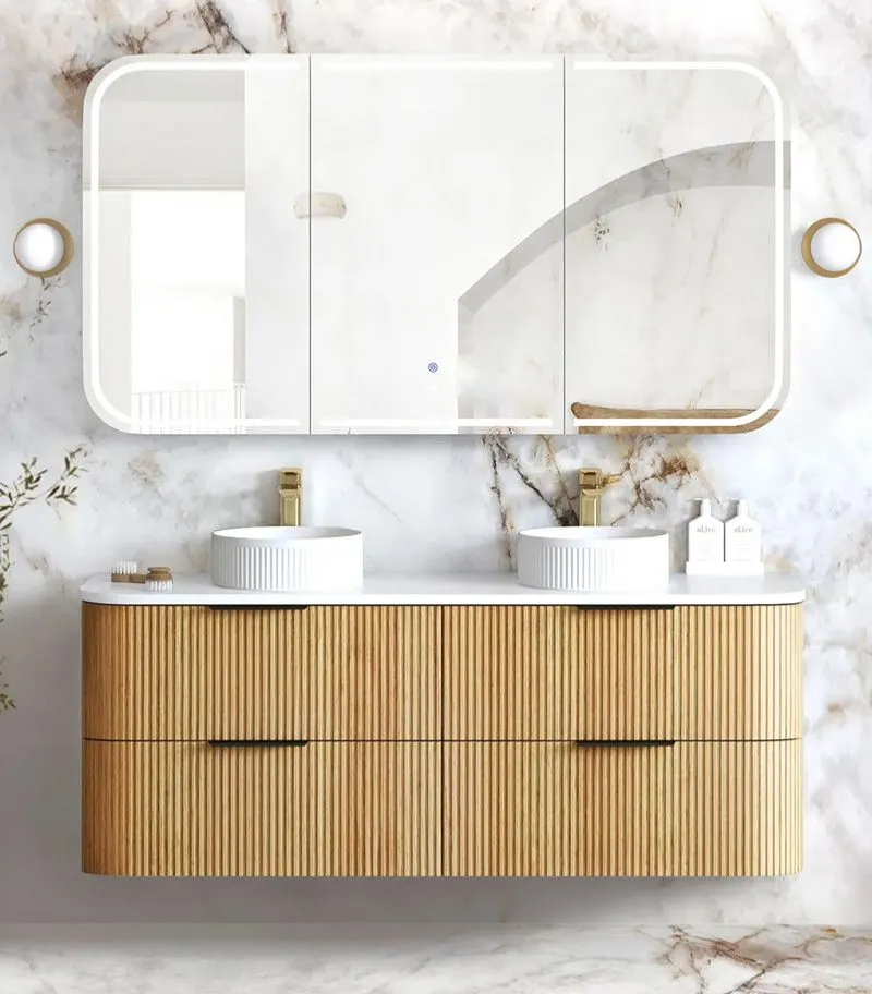 Havana 1500mm Plywood Wall Hung Vanity – Fluted Woodland Oak with Solid Surface Stone Top - Pure White