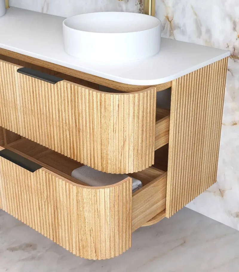 Havana 1800mm Curved Wall Hung Vanity – Fluted Woodland Oak Side View