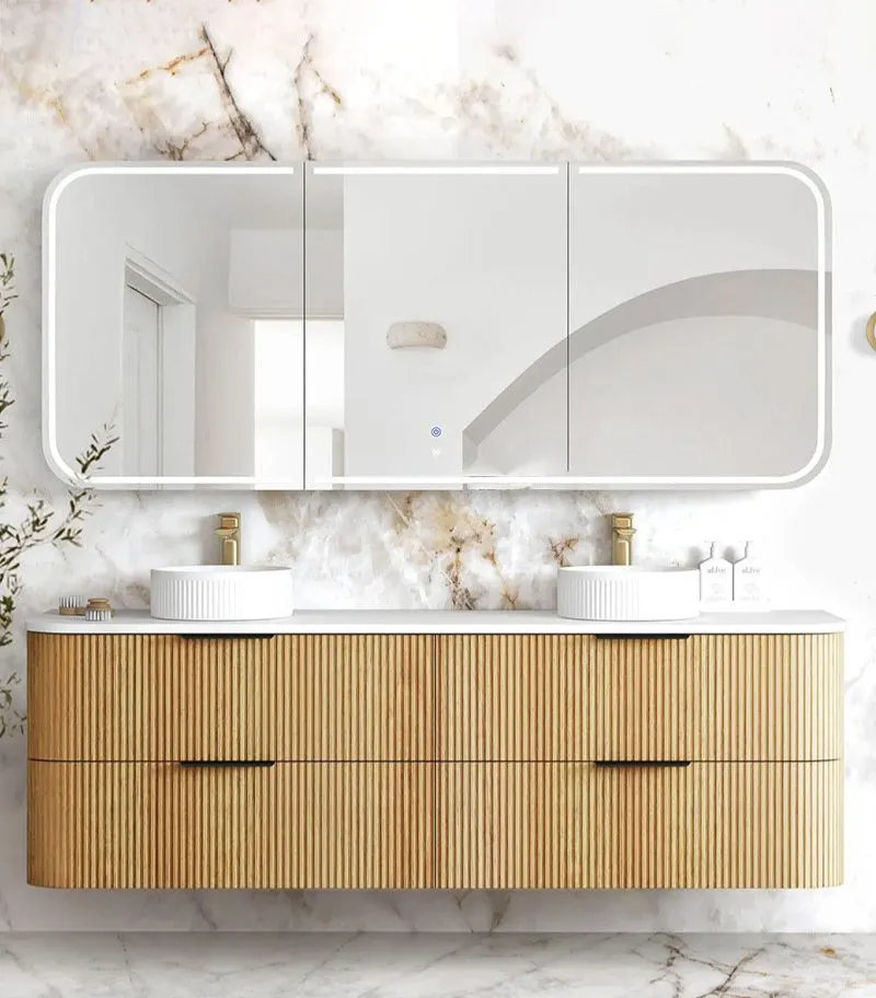Havana 1800mm Curved Wall Hung Vanity – Fluted Woodland Oak with Solid Surface Stone Top - Pure White