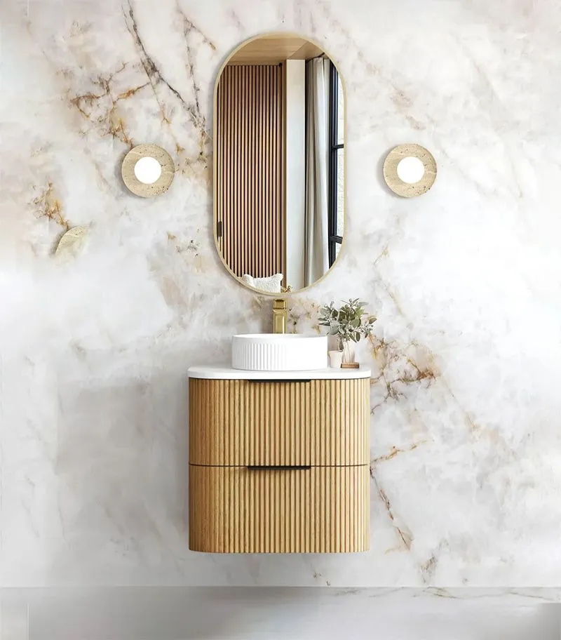 Havana 600mm Plywood Wall Hung Vanity – Fluted Woodland Oak with Solid Surface Stone Top - Pure White