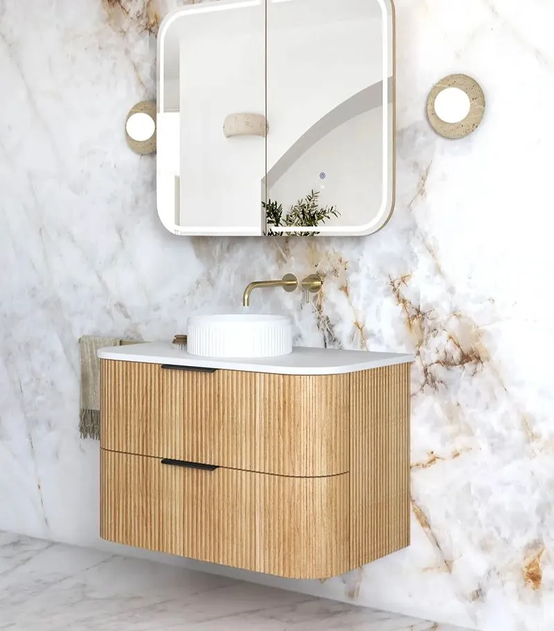 Havana 900mm Plywood Wall Hung Vanity – Fluted Woodland Oak side view
