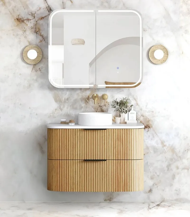 Havana 900mm Plywood Wall Hung Vanity – Fluted Woodland Oak with Solid Surface Stone Top - Pure White
