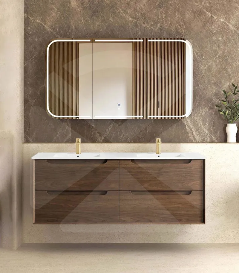 Byron 1500mm Double Bowl Wall Hung Vanity - Sable Walnut with Ceramic Top