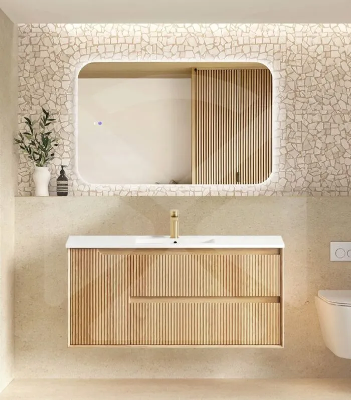 Byron Fluted 1200mm Single Bowl Wall Hung Vanity - Woodland Oak with Ceramic Top