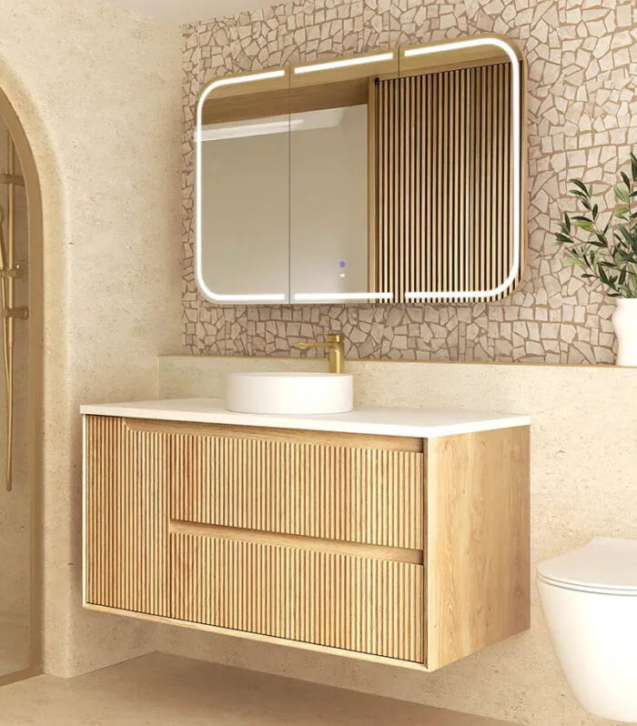 Byron Fluted 1200mm Single Bowl Wall Hung Vanity - Woodland Oak Side View