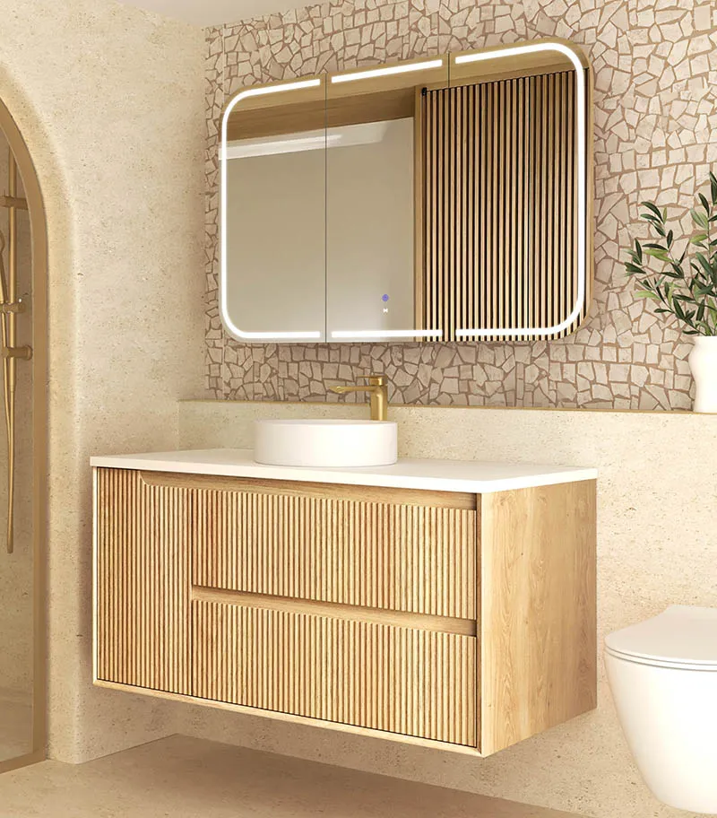 Byron Fluted 1200mm Single Bowl Wall Hung Vanity - Woodland Oak Side View