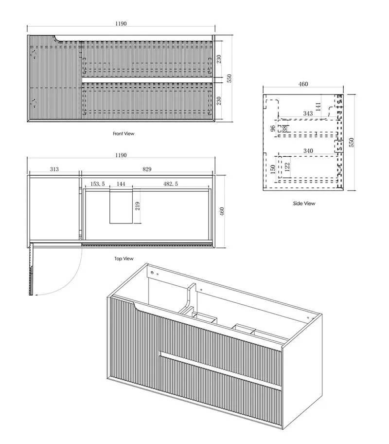 Byron Fluted 1200mm Single Bowl Wall Hung Vanity - Woodland Oak Specification