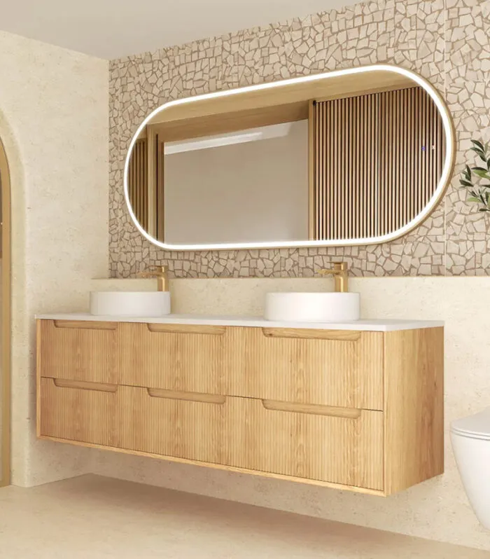 Byron Fluted 1800mm Double Bowl Wall Hung Vanity - Woodland Oak Side View