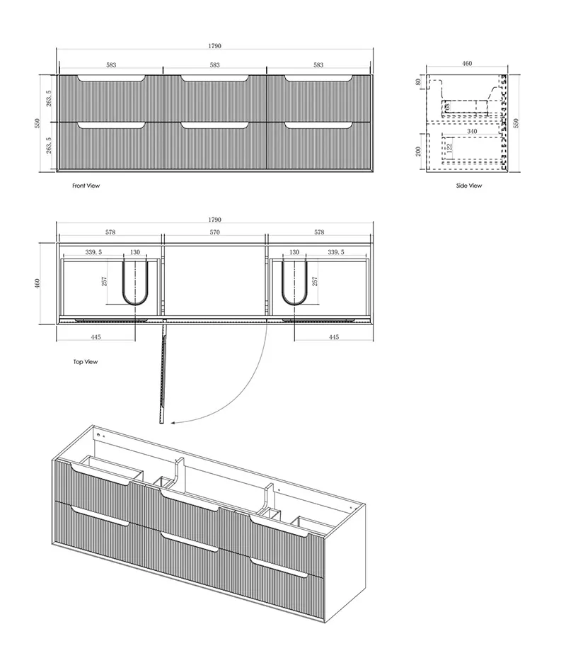Byron Fluted 1800mm Double Bowl Wall Hung Vanity - Woodland Oak Specification