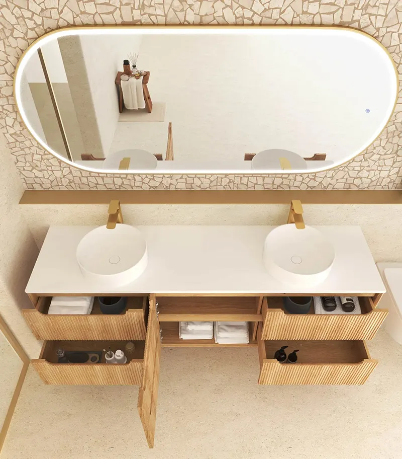 Byron Fluted 1800mm Double Bowl Wall Hung Vanity - Woodland Oak Top View