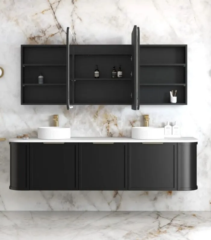 Newport LED 1800x750mm Shaving Cabinet - Black Oak Interior Front