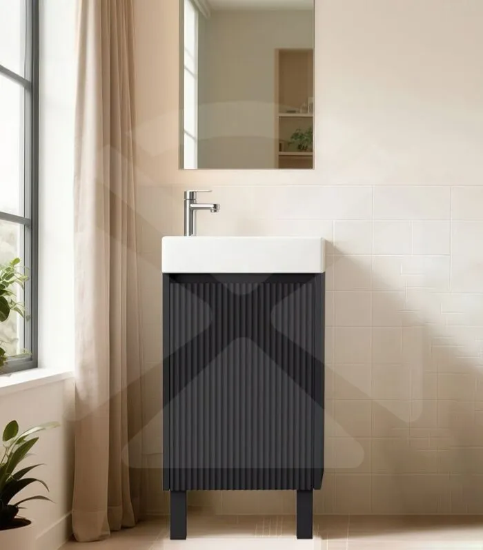 Crete 450mm Ensuite Floorstanding Vanity – Fluted Matte Black - Legs - With Background