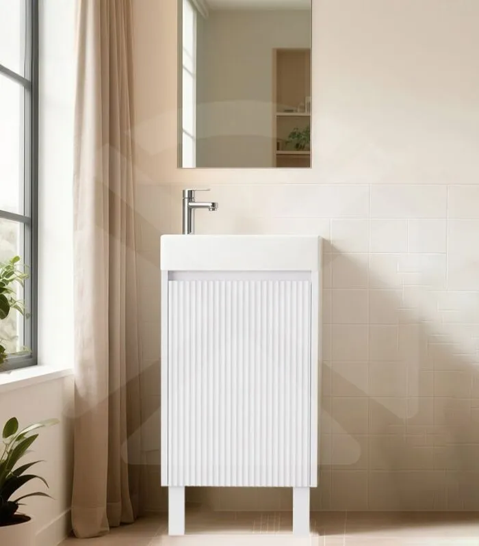 Crete 450mm Ensuite Floorstanding Vanity – Fluted Matte White - Legs With Background