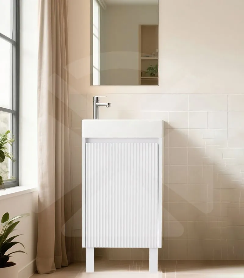Crete 450mm Ensuite Floorstanding Vanity – Fluted Matte White - Legs With Background