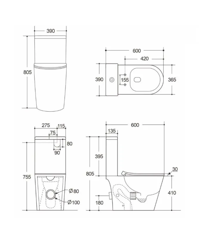 Rocca Tornado Rimless Close Coupled Toilet Suite - Specification