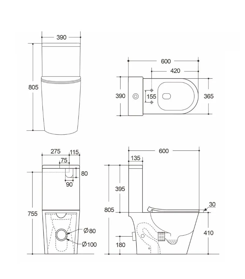 Rocca Tornado Rimless Close Coupled Toilet Suite - Specification