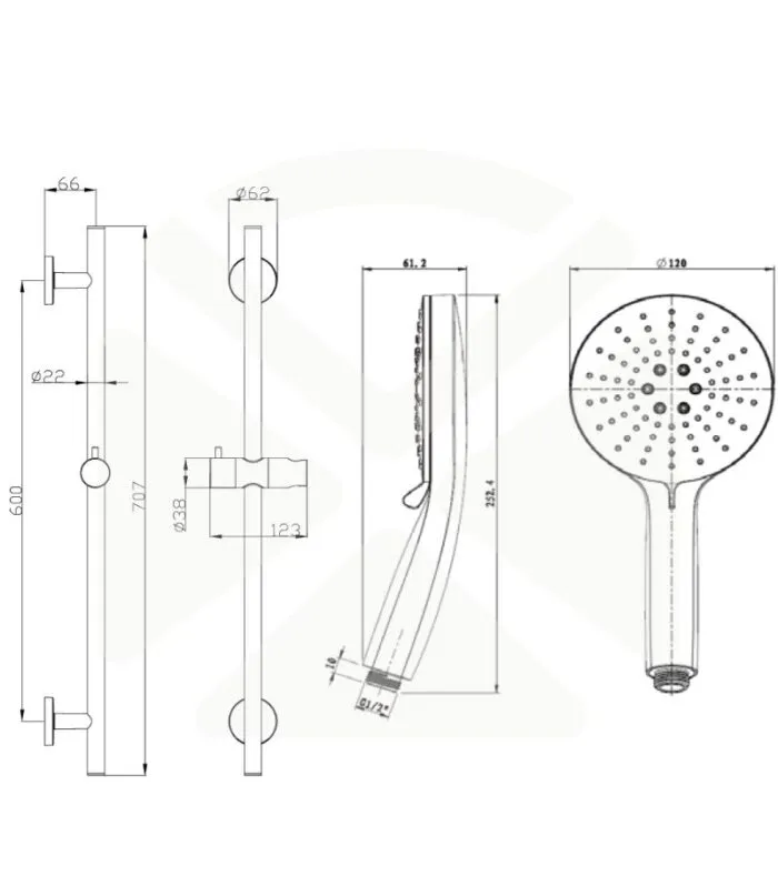 Otus Slimline Hand Shower On Rail - Specification