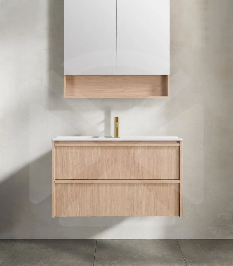 Ridgewood 900mm Plywood Wall Hung Vanity - Sandy Oak with Ceramic Top