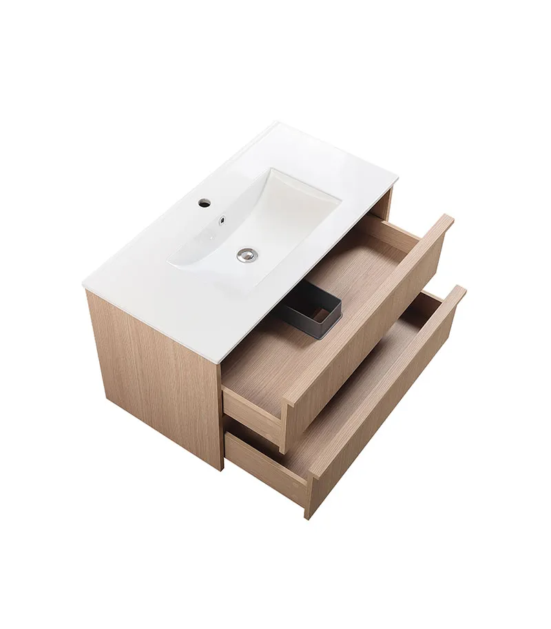 Ridgewood 900mm Plywood Wall Hung Vanity - Sandy Oak Open Drawer